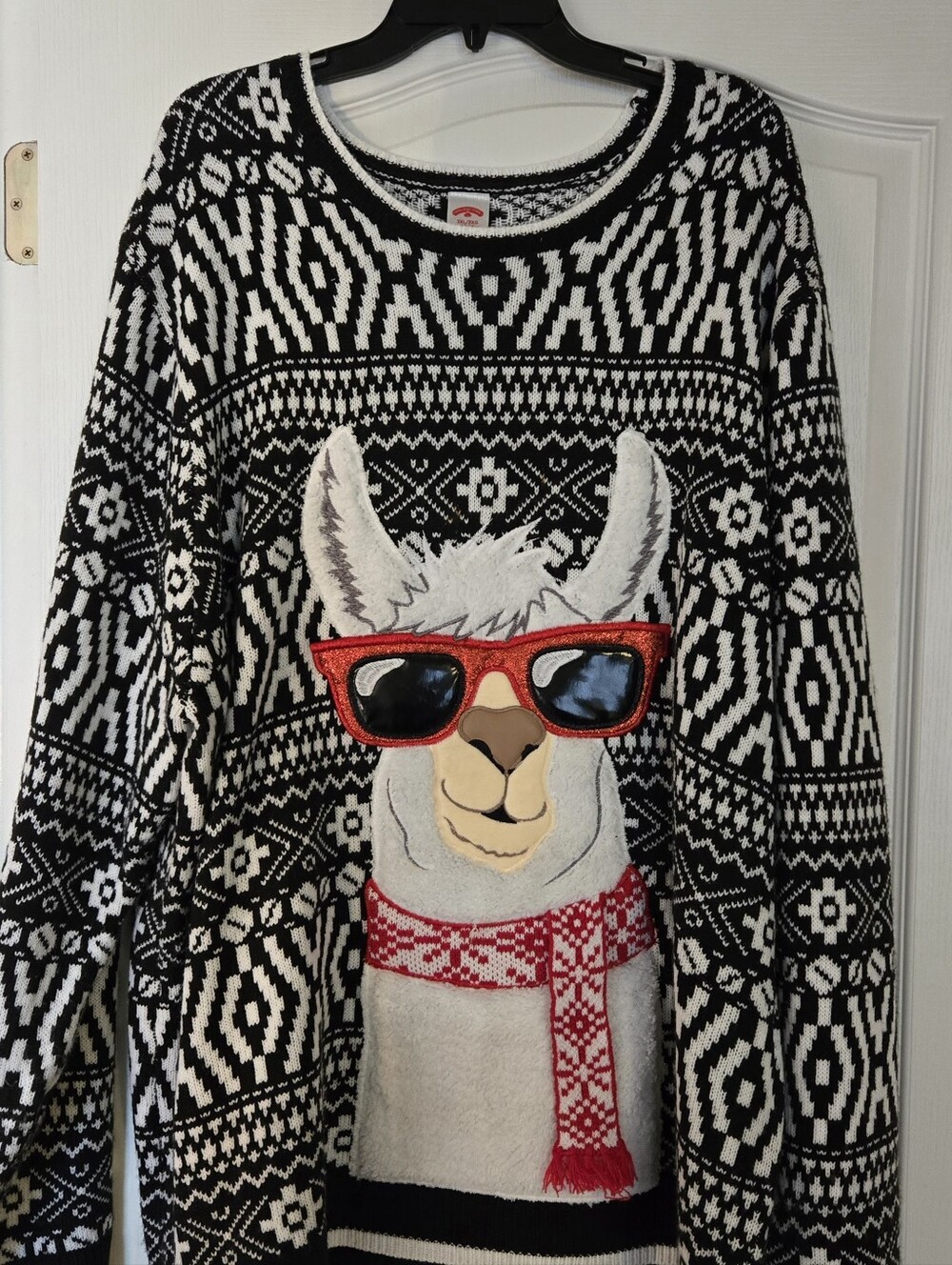 Ugly Christmas Swester Black & White Llama Graphic with Red Accents